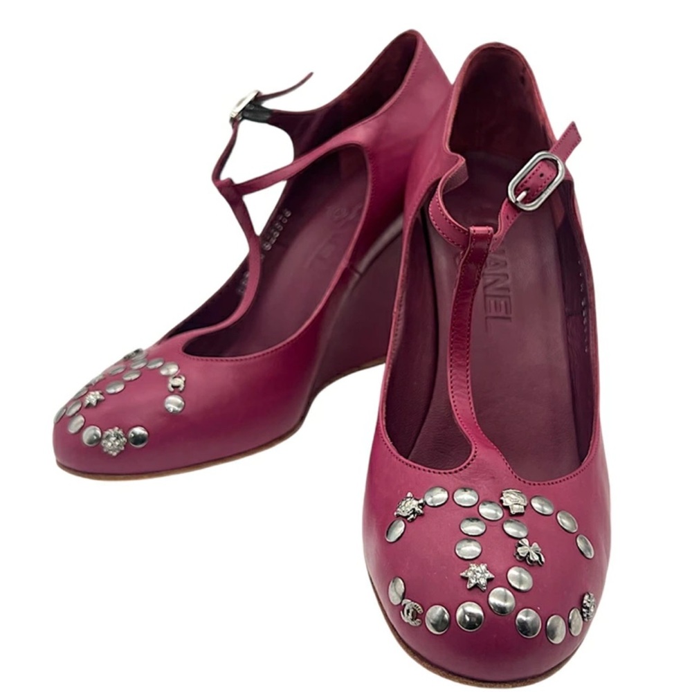 CHANEL T Strap Embellished Wedge Pumps in Fuchsia Plum Leather 2008